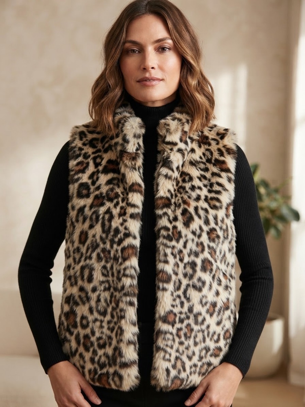 Ava & Kris Leopard Genuine Real Rabbit Fur Vest in Beige, Black and Brown